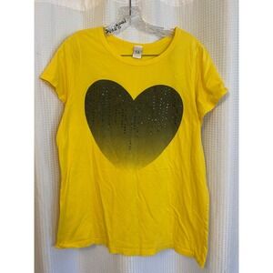 Yellow With Black Glitter Studded Heart Womens T-Shirt Top Size 2X VTG Y2K 90s